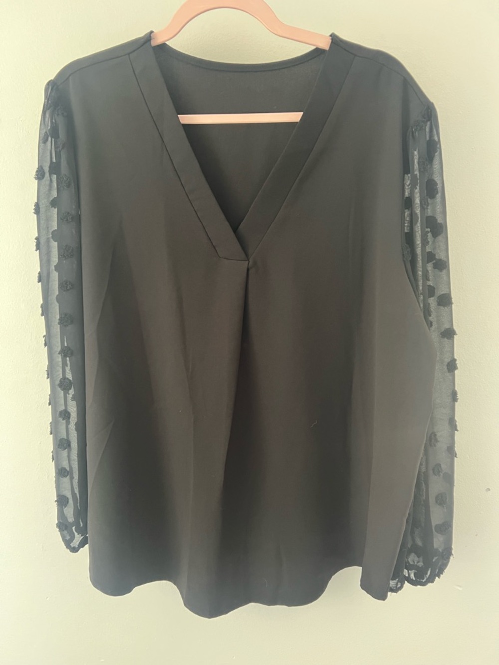Women’s Black V-Neck Blouse with Sheer Dotted Sleeves